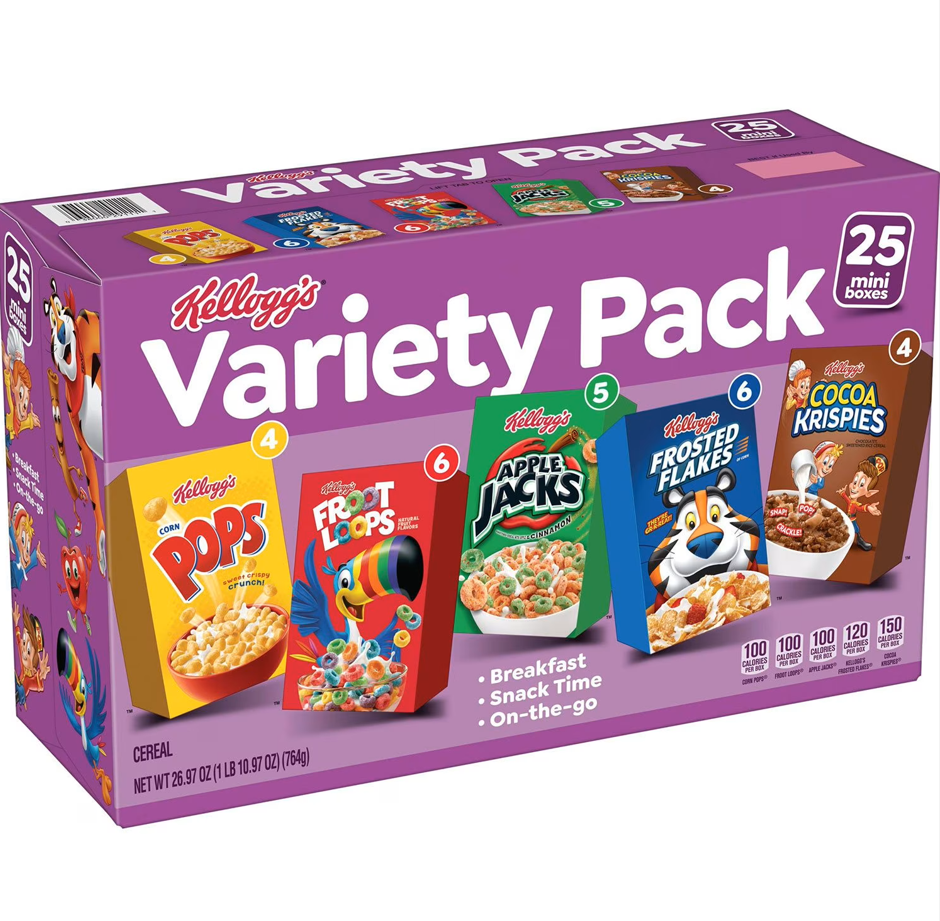Kellogg’s Assorted Cereal Variety Pack – Classic Breakfast Favorites, 25 Individual Packs | Wizo