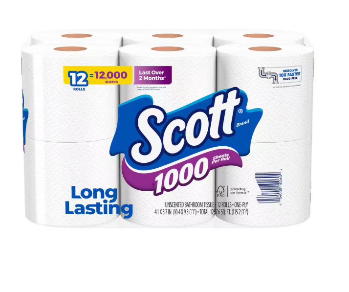 Scott White Toilet Tissue (1000-Sheet 12 Rolls Per Pack)