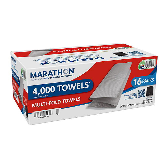 Marathon Multifold 1-Ply Paper Towels, White, 9.2" x 9.4" (250 towels/pk., 16 pks.)