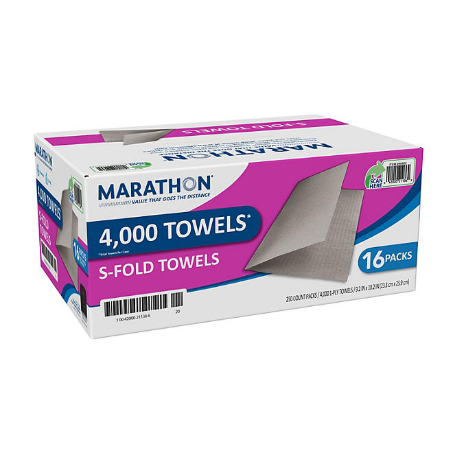 Marathon Singlefold Paper Towels, 1-Ply, 9 1/4" x 10 1/4", Brown (250 towels/pk., 16 pks.)