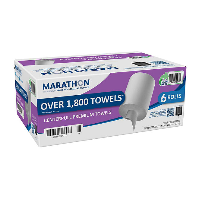 Marathon Premium Centerpull 1-Ply Paper Towels, White (303 sheets/roll, 6 rolls)