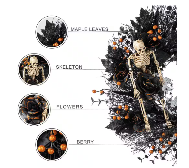 Glitzhome 24 in. D Black Rose, Skeleton and Berry Halloween Wreath Includes a Complimentary Black Metal Wreath Hanger