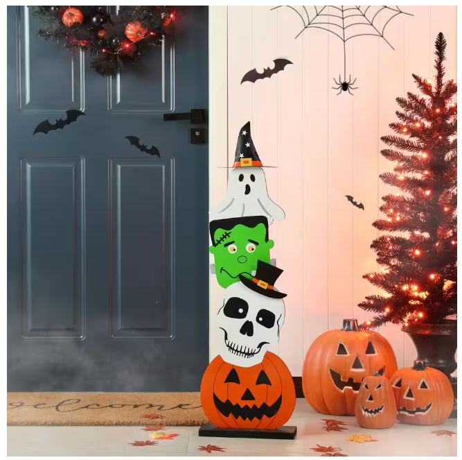 36 in. H Halloween Wooden Stacked Ghost and Frankenstein and Skull and Pumpkin Porch Decor